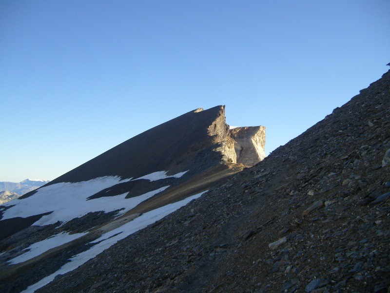 The summit route to Barrhorn (3610 m), Wallis, Switzerland, the highest snow-free peak in the Alps.