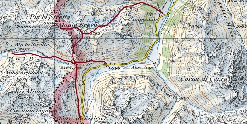 Map of the Monte Breva area with access routes from the Italian and Swiss side. Courtesy of geo.admin.ch.