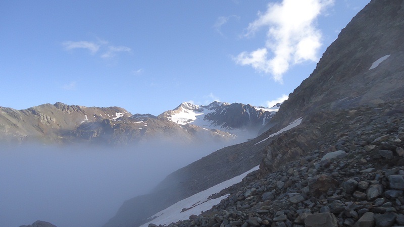 Tresero (3594 m), rare moments with views.