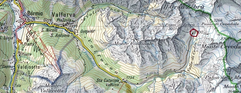 Pizzini hut (Rifugio Pizzini)- Map of the access roads to Pizzini hut.