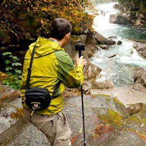 A hiking pole used as a camera monopod.