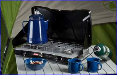 Coleman Triton 2 burner propane stove in a camp.