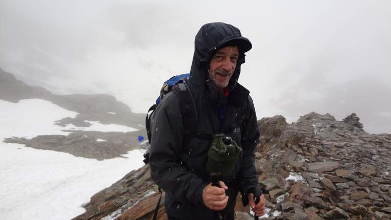 Me in snow and hail is mid summer. Tour to Bivacco Battaglione Ortles at 3122 m above the sea, the Italian Alps. 