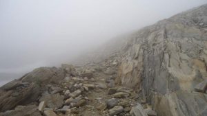 In the clouds; the upper part of the route.