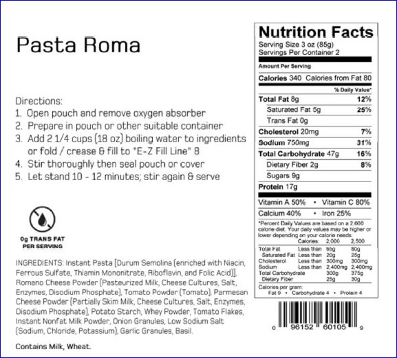 Pasta Roma nutritional details.