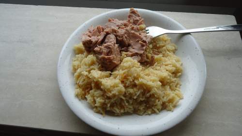 My rice with added paprika and the tuna from the can.