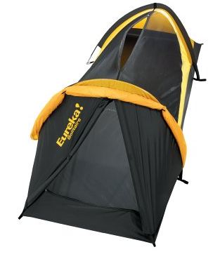 Eureka Solitaire solo tent with the fly rolled up. Both the top and front entrances are visible.