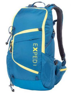 Exped Skyline 15 Daypack front view. The yellow zippers are for the main access and the extra front access.