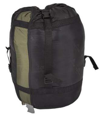 Robust stuff sack with compression straps and a handle.