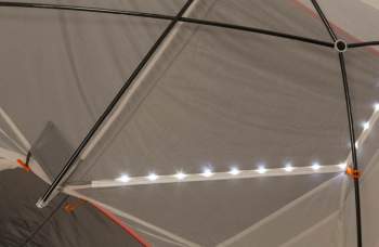 LED light strand is integrated into tent seams.