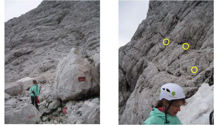 On the left - The path towards Tamar meets here. The entrance to “The Wall” is behind Olga, barely 100 meters away. On the right - Preparing to start on The Wall. Trail markers in yellow. A few pegs along this early part.