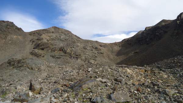 The first view of the Bivacco del Piero - the tiny dot on the pass.