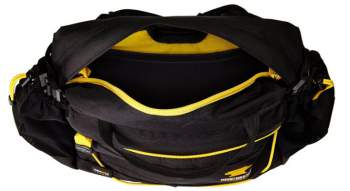 The view into the main pocket with its yellow color and two internal pockets. The port is also visible.