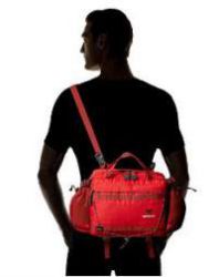 Carrying as a lumbar pack with the shoulder strap.