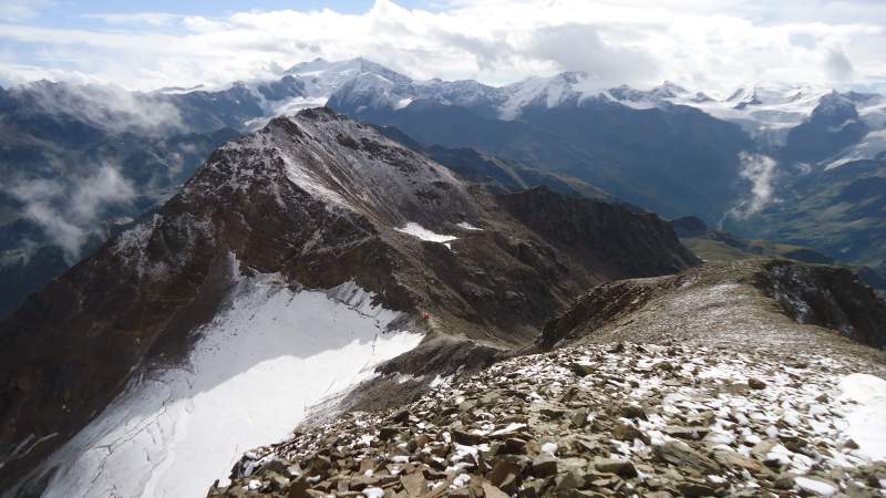 The summit slope and view back towards Bivacco del Piero. 