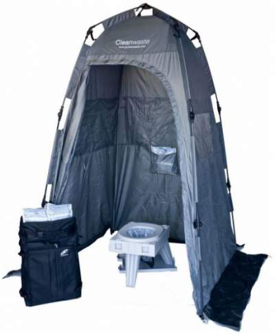 Cleanwaste Go Anywhere Total System - the privacy tent and the portable toilet. The packed system is also shown. 