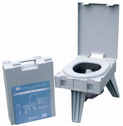 Cleanwaste Go Anywhere Portable Toilet in the packed and deployed state.