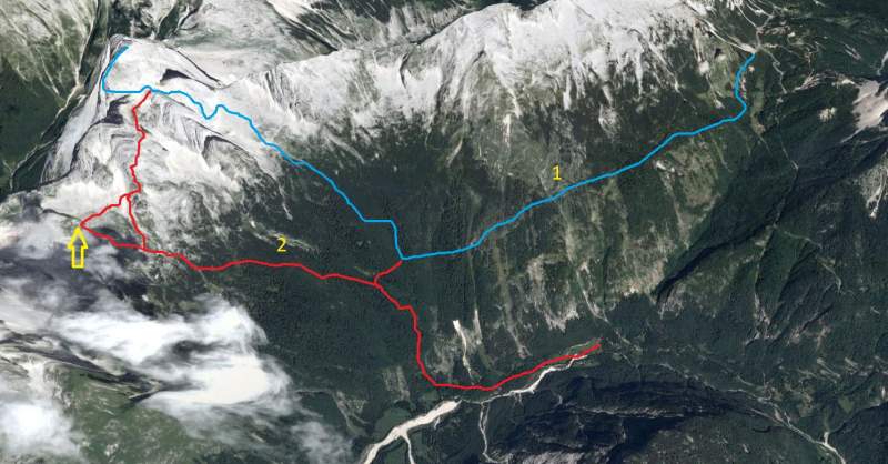 The two main south routes. The yellow arrow shows the position of the Zavetiste pod Spickom (the hut).