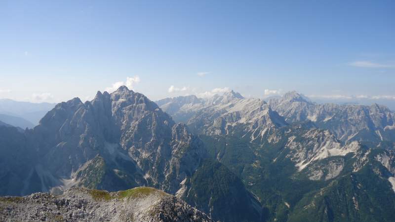 Prisojnik, Jalovec, and Mangart as seen from the summit of Lipnica.