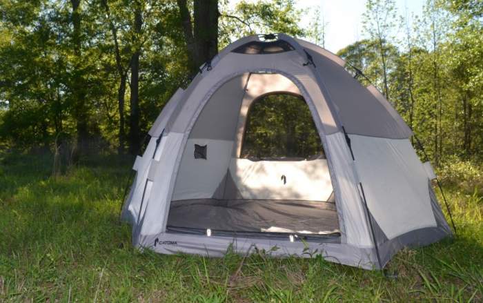 View through the tent without the fly, with the open door and window with mesh.