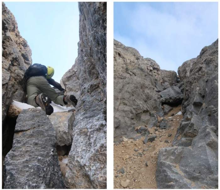 Carefully ascending Gully 2 – not an easy task.