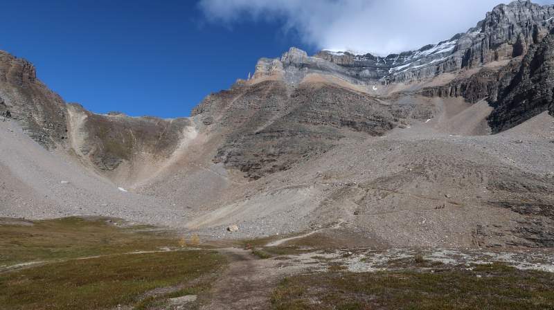 The switchbacks of Sentinel Pass as seen from Larch Valley.