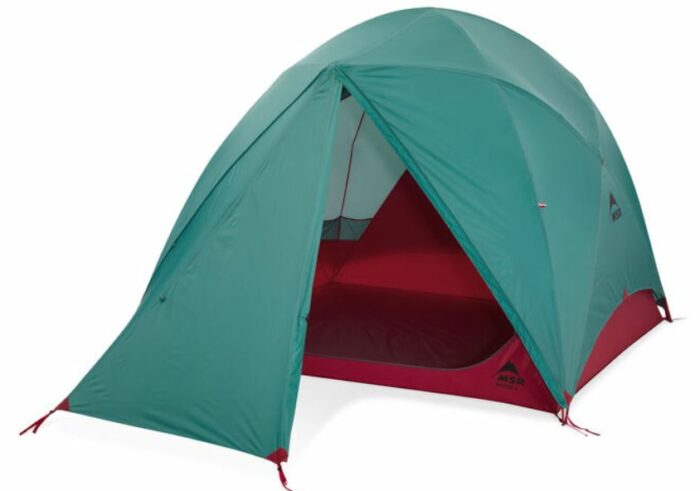 MSR Habitude 4-Person Camping Tent with the fly on.