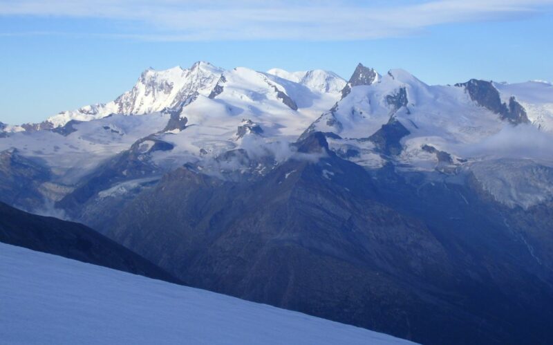 View of Monte Rosa group from 3600 meters elevation on the tour to Fletschhorn.