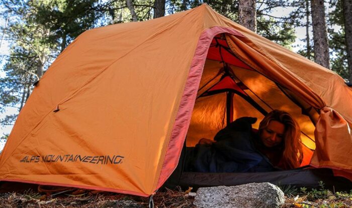 The tent in orange color.