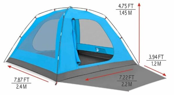 The tent shown without the fly and its dimensions.