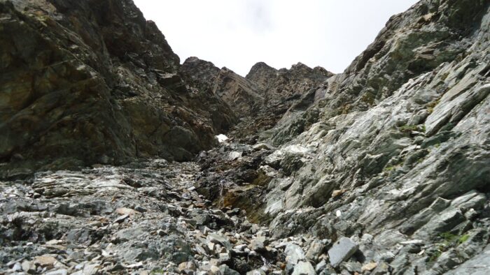 This is the couloir, much steeper in reality, and lots of unstable rock.