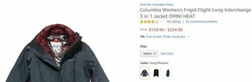 $240 New Womens Columbia "Frigid Flight" 3in1 Omni-Heat Interchange Long Jacket