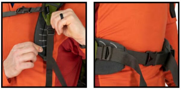 Adjustable padding on the shoulder harness and the hip belt.