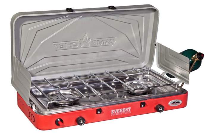 Camp Chef Everest 2 Burner Camping Stove ready to use.