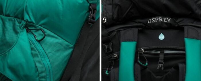 One of the front pockets and the external hydration sleeve.