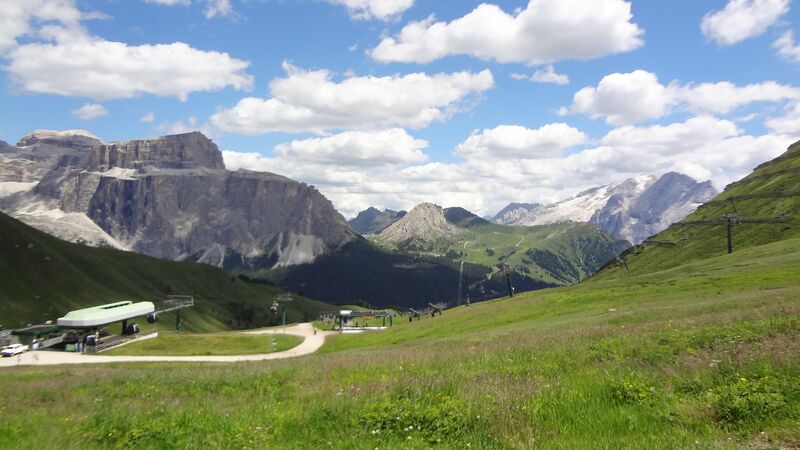 Pordoi Pass as seen from the Sella Pass area.