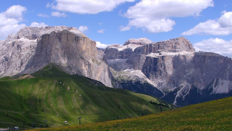 Sella Group mountains as seen from the Sella pass area.