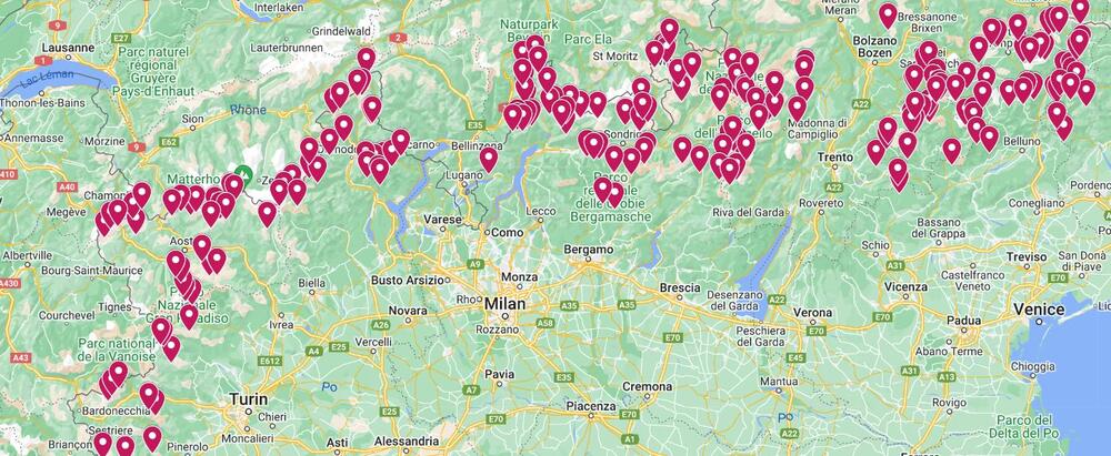 Partial map of more than 300 bivouacs in the Italian Alps.