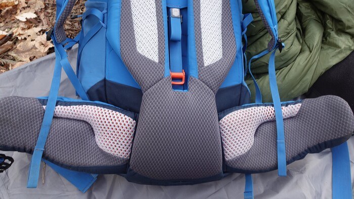 Incredibly well-padded hip belt and lumbar area in the Deuter pack.