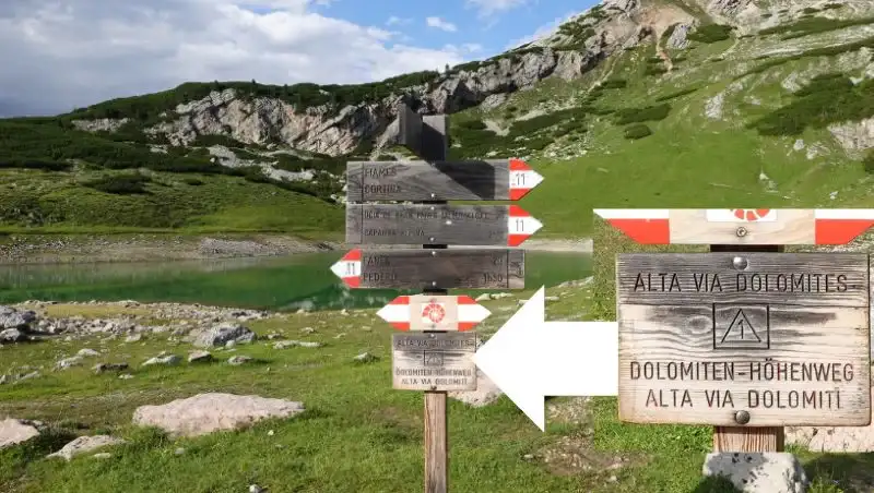 The lake above Fanes hut on Alta Via 1 route.