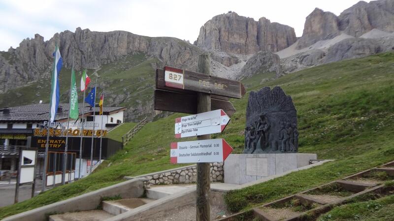 Signs at the start of the route at Pordoi Pass.