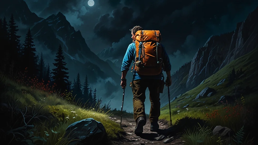 What to Know About Hiking at Night top picture with a hiker.