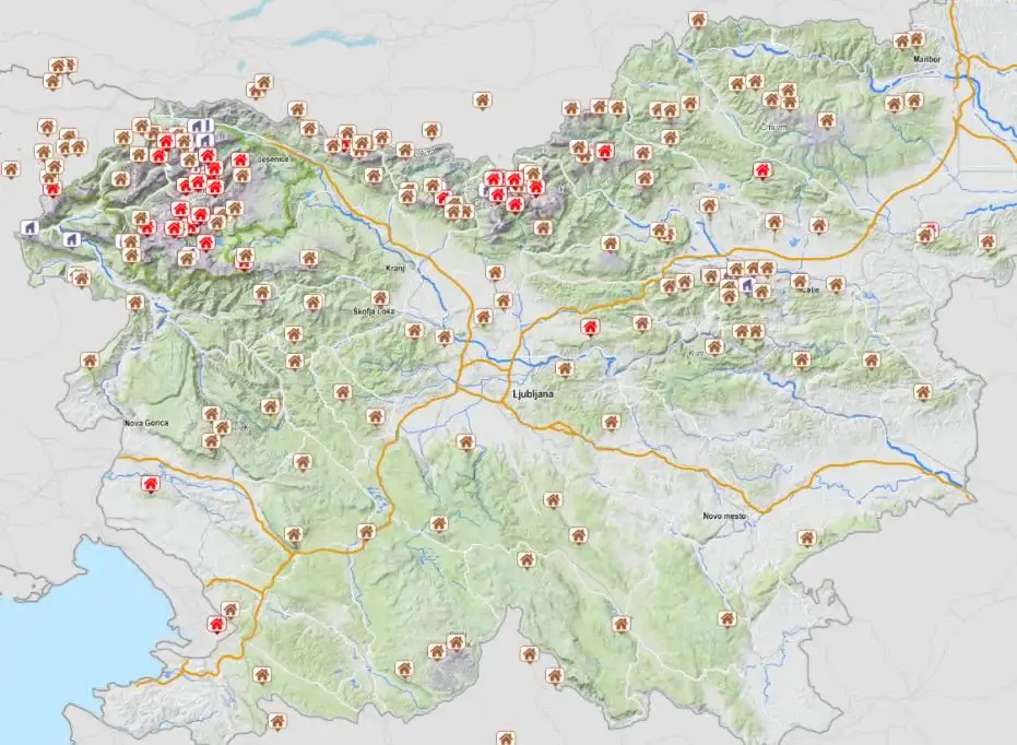 Slovenian regular huts and free shelters.