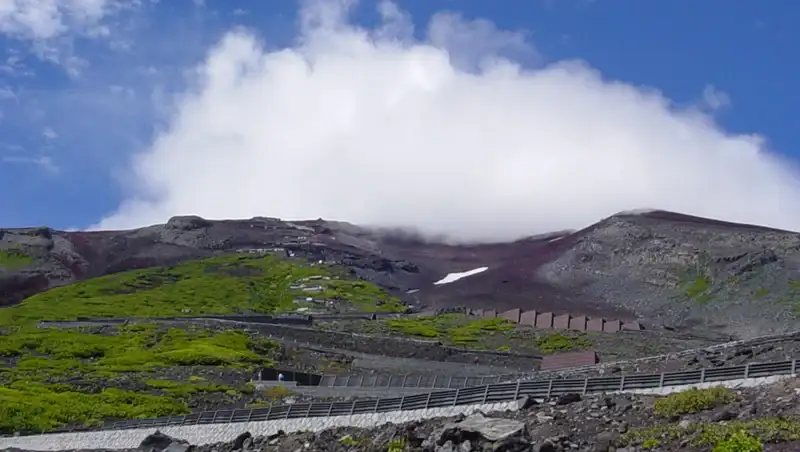 Volcanic ground and view towards the summit.