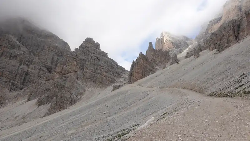 View up the route from Dibona hut to Giussani hut.